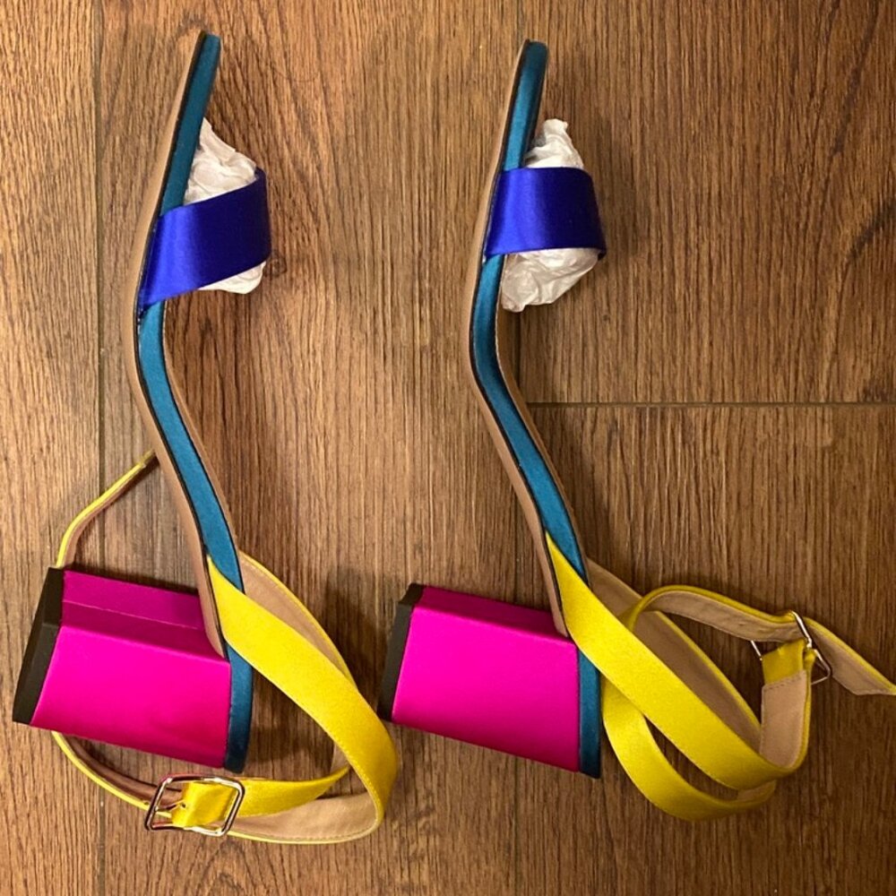 J. Crew Lucie ankle-strap block-heel sandals in colorblock satin - Picture 5 of 10